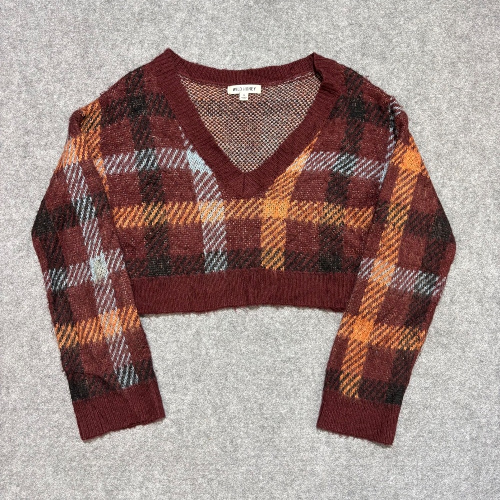 Wild Honey Burgundy Plaid Cropped V-Neck Sweater Small Orange Blue Knit